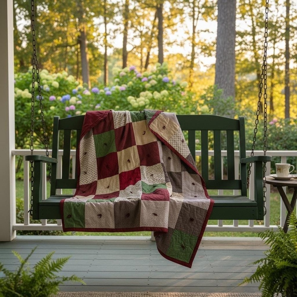 Vintage Patchwork Quilt Burgundy 60x80 Green Cottagecore Farmhouse Throw